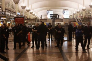 Police at Denver International Airport during protests
