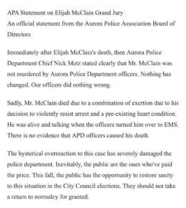 Statement released by Aurora Police Association Board of Directors, Elijah McClain