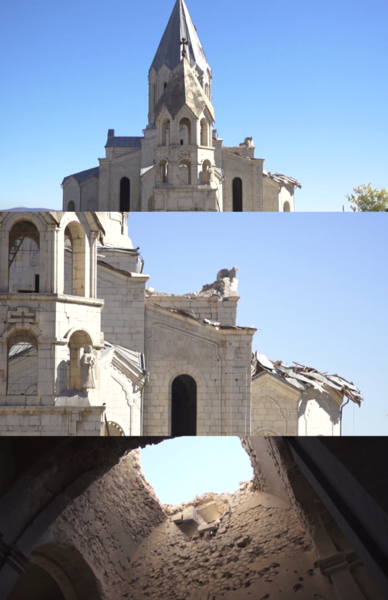 Damage to cathedrals hit by Azerbaijani military. Photo by ?????? MEDIA via Wikimedia Commons.