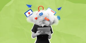 Woman,Holding,Tablet,With,Cloud,Over,Head,,Surrounded,By,Digital