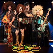 Photo of Boogie Machine band members and their logo.
